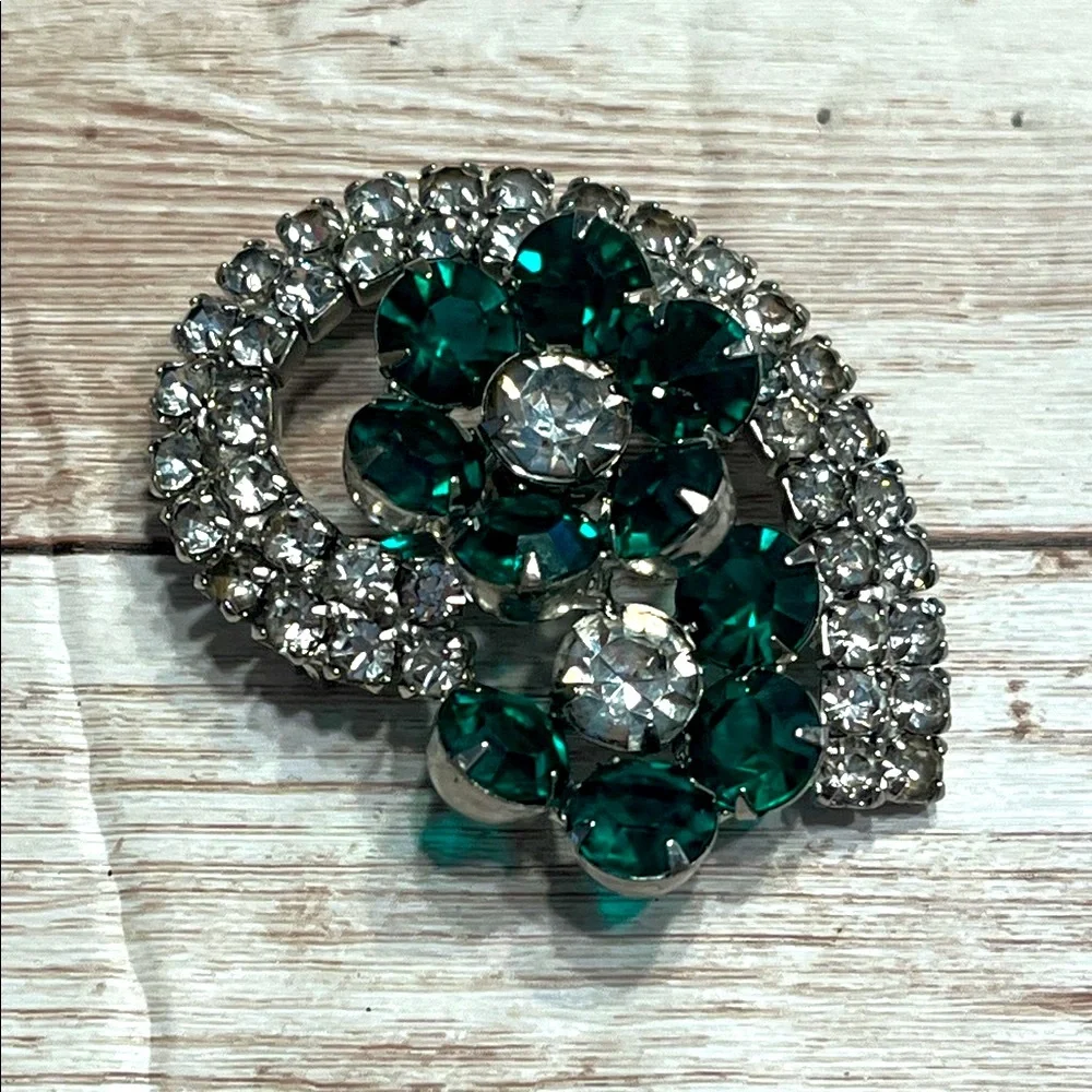 Vintage Silver and Teal Crystal Brooch